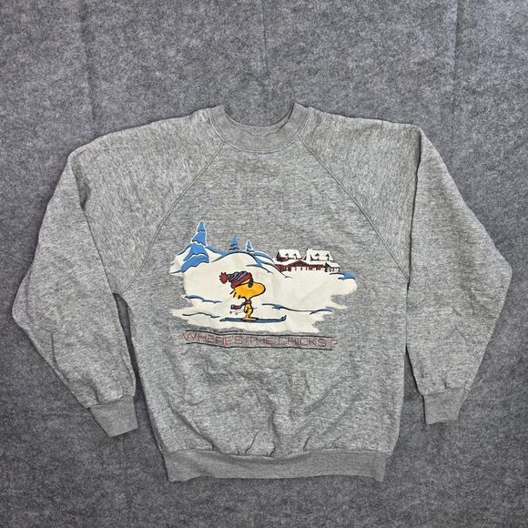 Vintage Peanuts Sweatshirt Large Gray Snoopy Skiing Where's The Chicks 80s USA - Picture 1 of 8